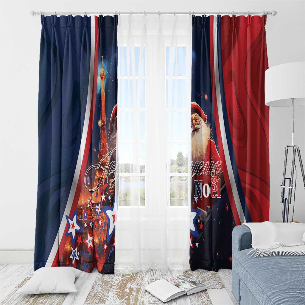 Set of Christmas window curtains in blue and red with Santa portrait, Eiffel Tower, Joyeux Noel