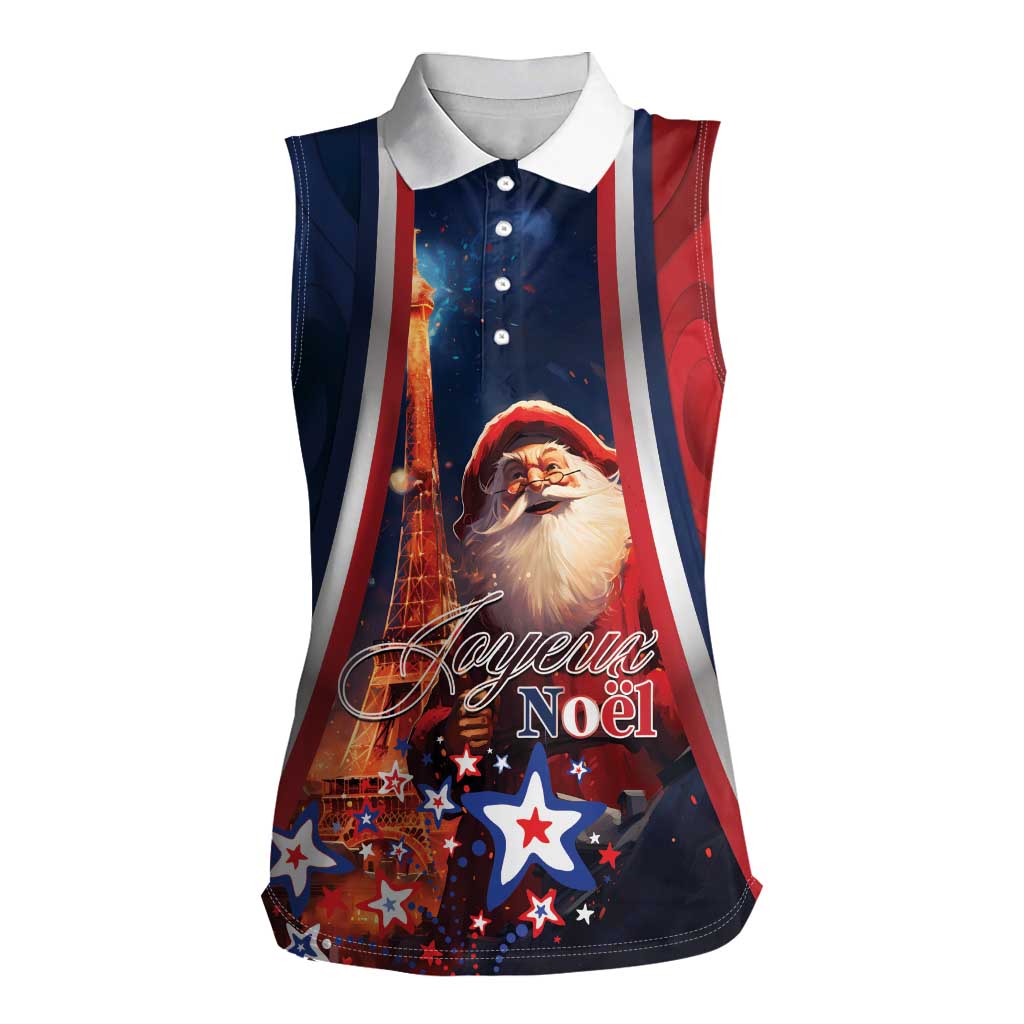 Personalised France Christmas Women Sleeveless Polo Shirt Joyeux Noel Santa Claus Eiffel Tower - Wonder Print Shop