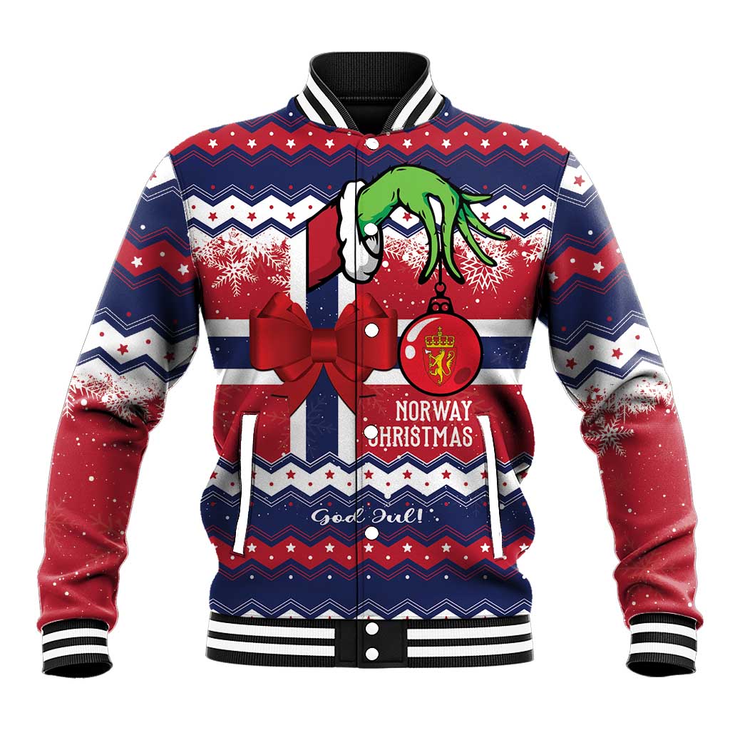 Unisex baseball jacket with Norway Christmas graphic, red/blue/white, bow at center front