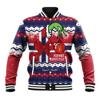 Unisex baseball jacket with Norway Christmas graphic, red/blue/white, bow at center front