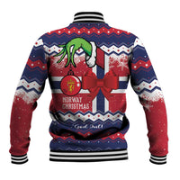 Unisex baseball jacket back with Norway Christmas graphic and bow, striped ribbed cuffs