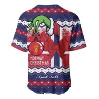 Blue and red Norway Christmas baseball jersey back with dog graphic and zigzag trim
