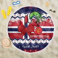 Round beach blanket with fringe, navy and red festive Norway graphic and red ribbon bow