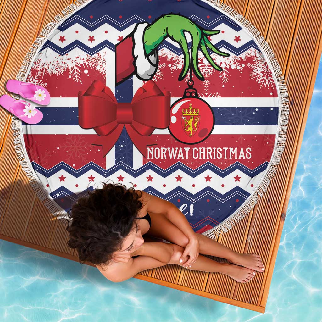 Round beach blanket with fringe, navy and red festive design with Norway Christmas badge