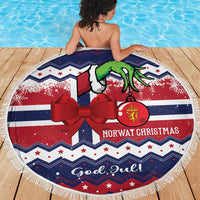 Round beach blanket with fringe, navy and red patterned graphic with large red bow