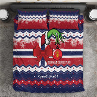 Christmas bedding set with red, white, and blue Norway graphic, bow and snowflake pattern