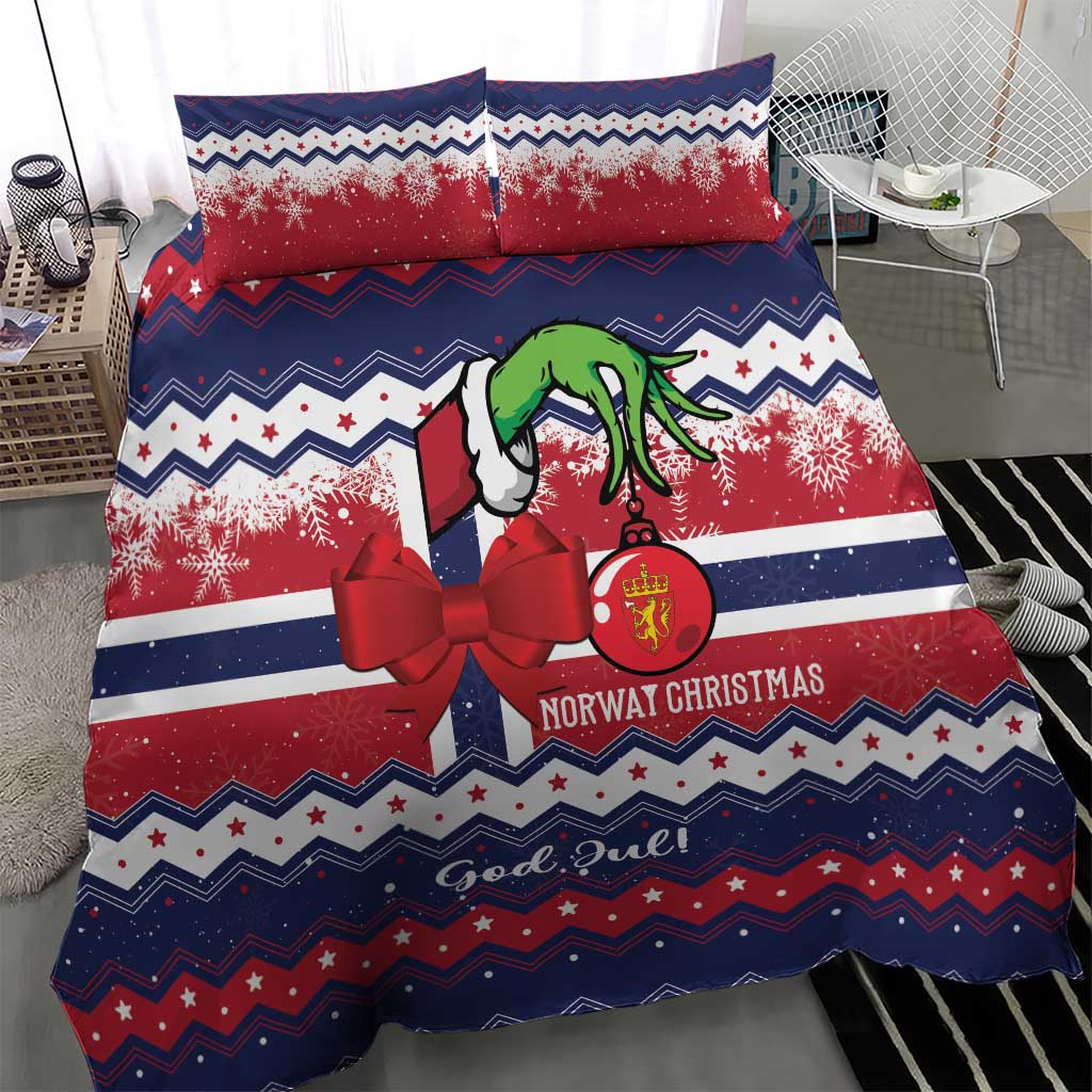 Christmas duvet cover with Norway Christmas print, red bow, elf face, snowflakes on blue stripes