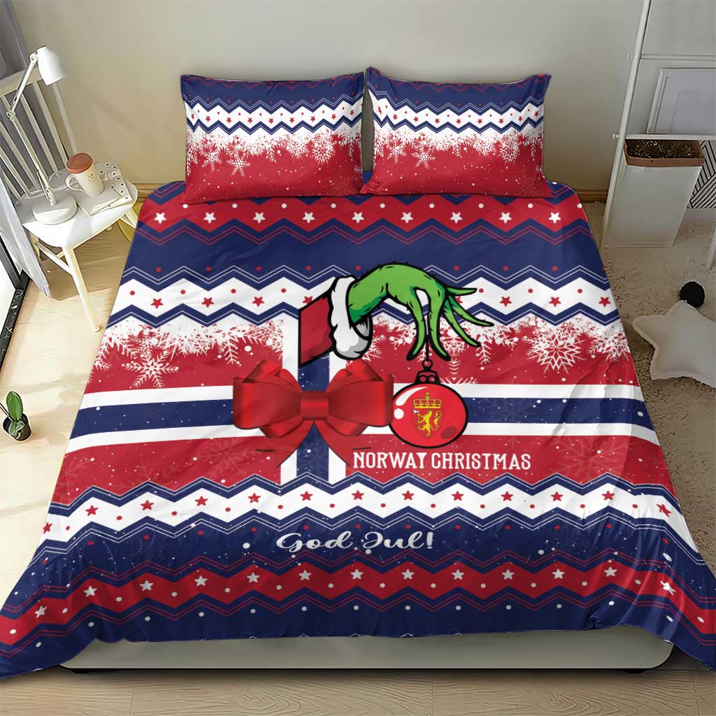 Christmas bedding set with red, white, and blue chevron stripes, bow, and Norway badge