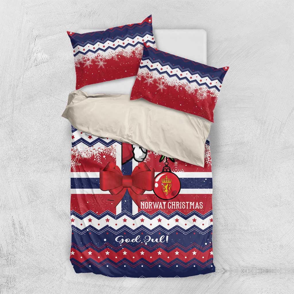 Christmas bedding set flat lay: duvet and two pillowcases, red blue Norway snowflake design