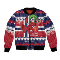 Unisex bomber jacket with Norwegian Christmas graphic, zip front, red blue pattern