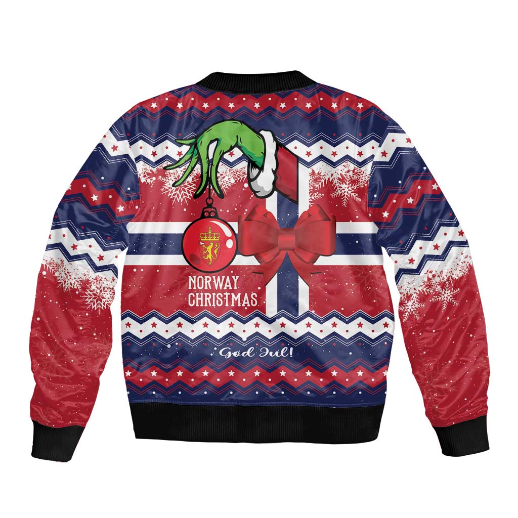 Unisex bomber jacket, back print with green reindeer, red bow, Norwegian Christmas pattern