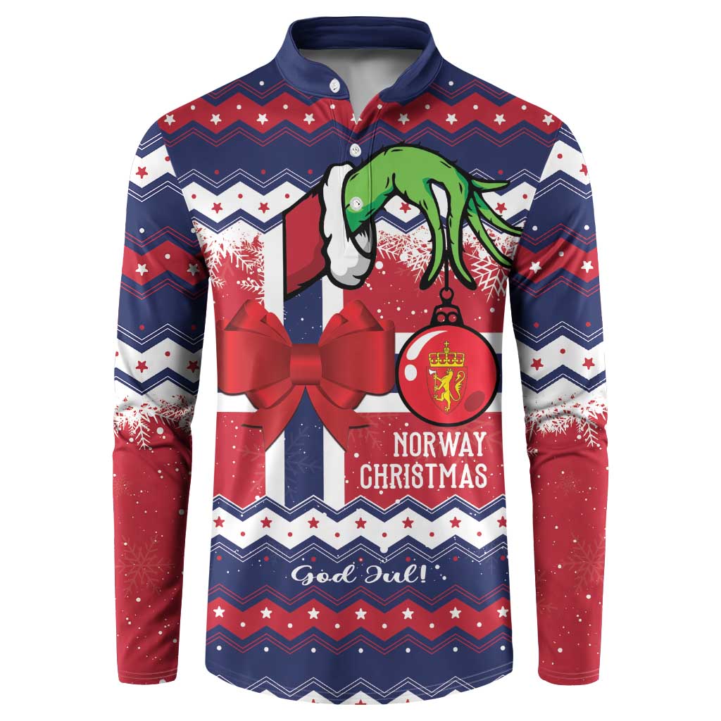 Blue button-front sweatshirt with festive Norway Christmas graphic and red bow