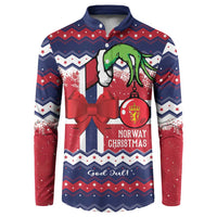 Blue button-front sweatshirt with festive Norway Christmas graphic and red bow