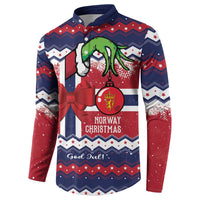 Blue button-front sweatshirt, front graphic with Norway Christmas text and red bow