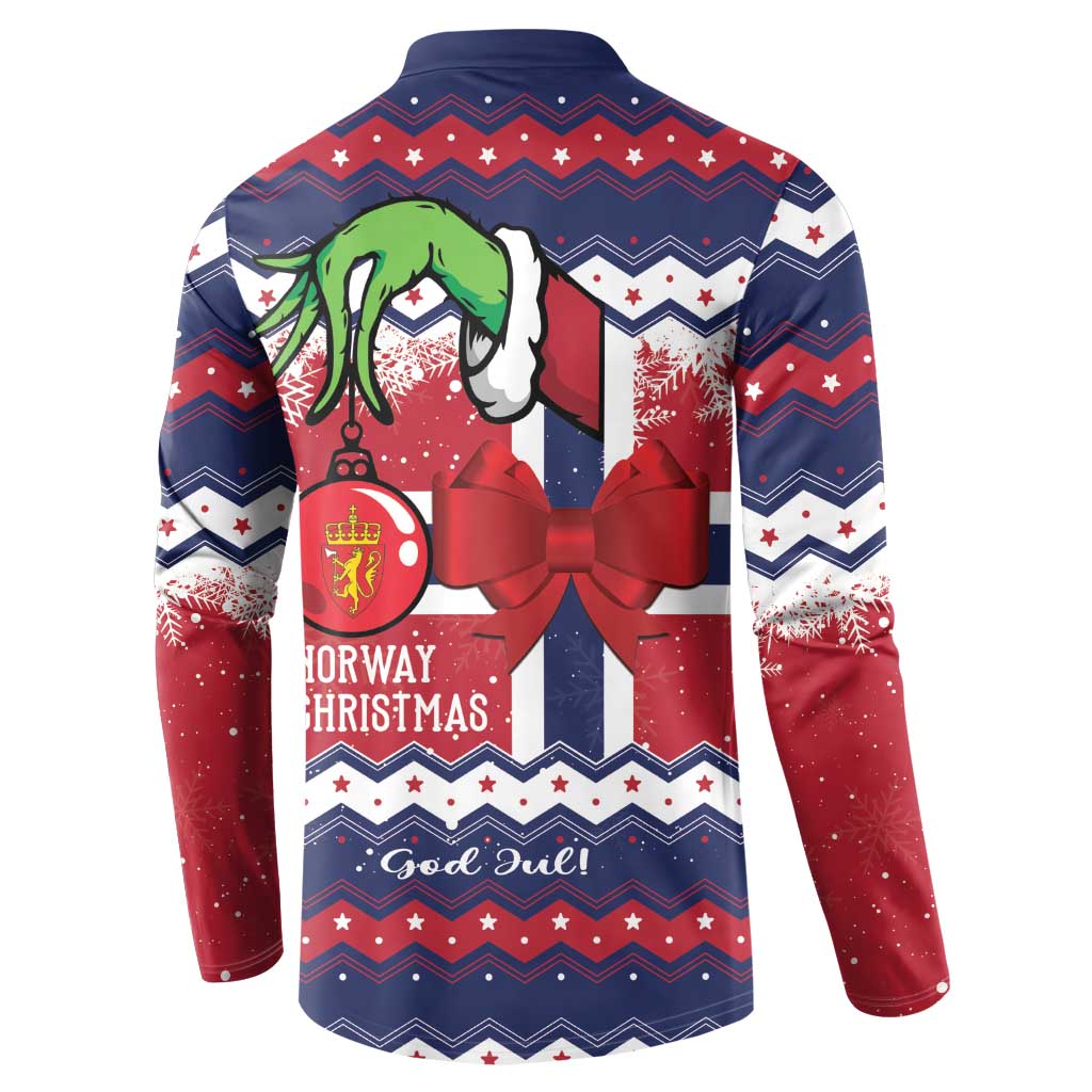 Blue sweatshirt back with Norway Christmas graphic, green figures, and red bow