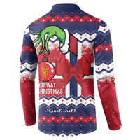 Blue sweatshirt back with Norway Christmas graphic, green figures, and red bow