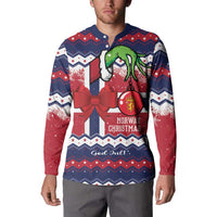 Blue long-sleeve button-front sweatshirt with Norway Christmas graphic and red bow