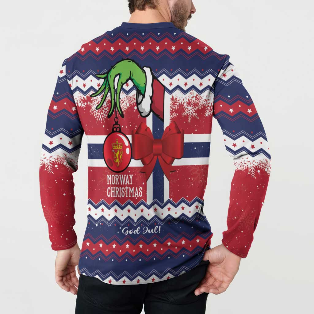Blue long-sleeve sweatshirt back view with Norway Christmas graphic and red bow