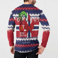 Blue long-sleeve sweatshirt back view with Norway Christmas graphic and red bow