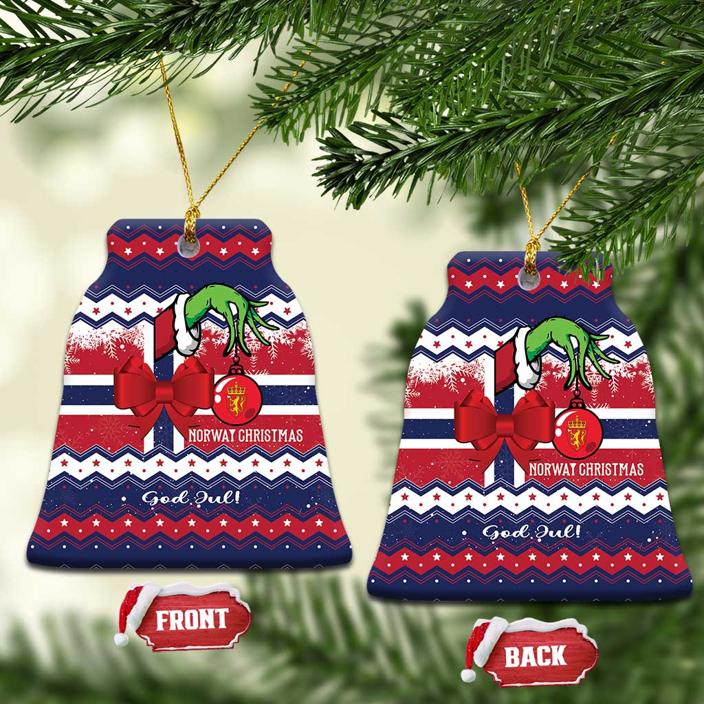 Bell-shaped ceramic Christmas ornament with red bow, green figure, "God Jul" and gold hanger