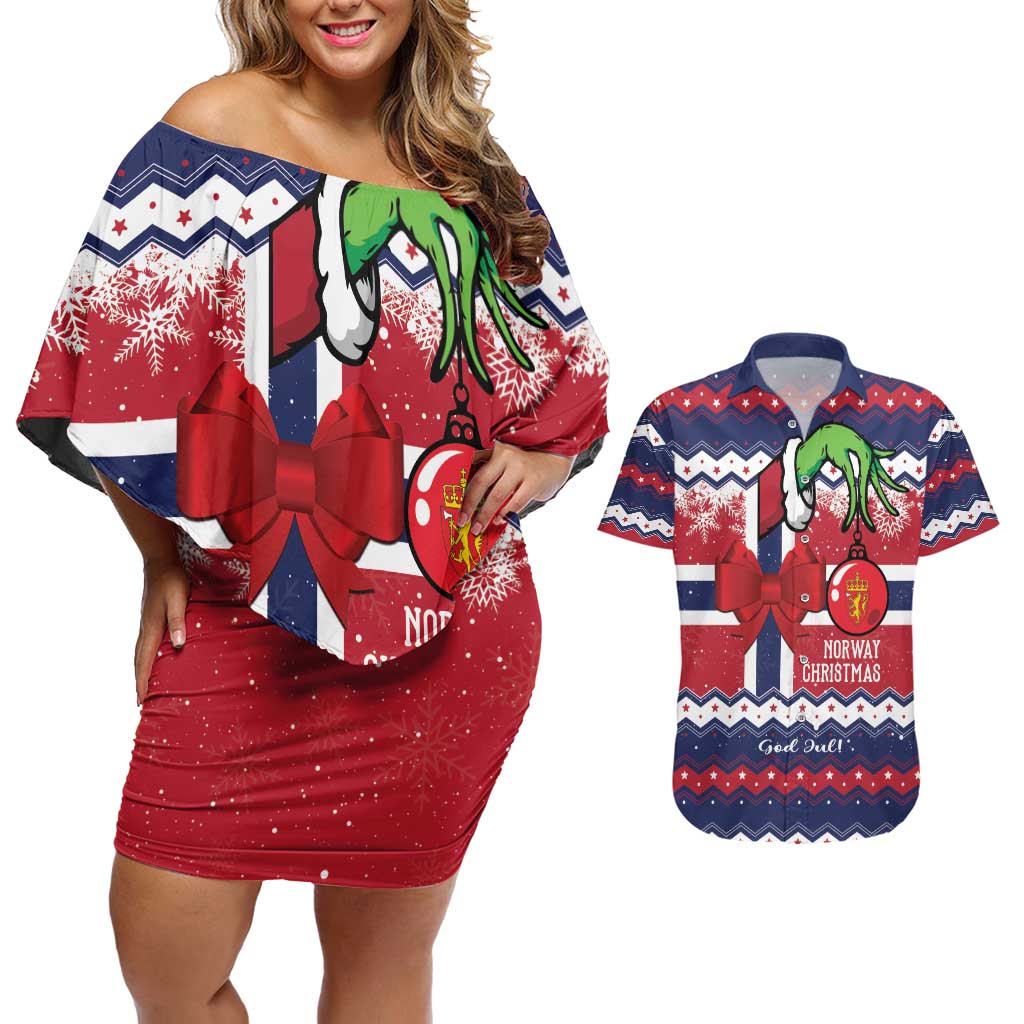 Norway Christmas Couples Matching Off Shoulder Short Dress and Hawaiian Shirt God Jul! Coquette Bow - Wonder Print Shop