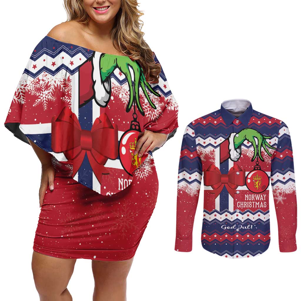 Norway Christmas Couples Matching Off Shoulder Short Dress and Long Sleeve Button Shirt God Jul! Coquette Bow - Wonder Print Shop