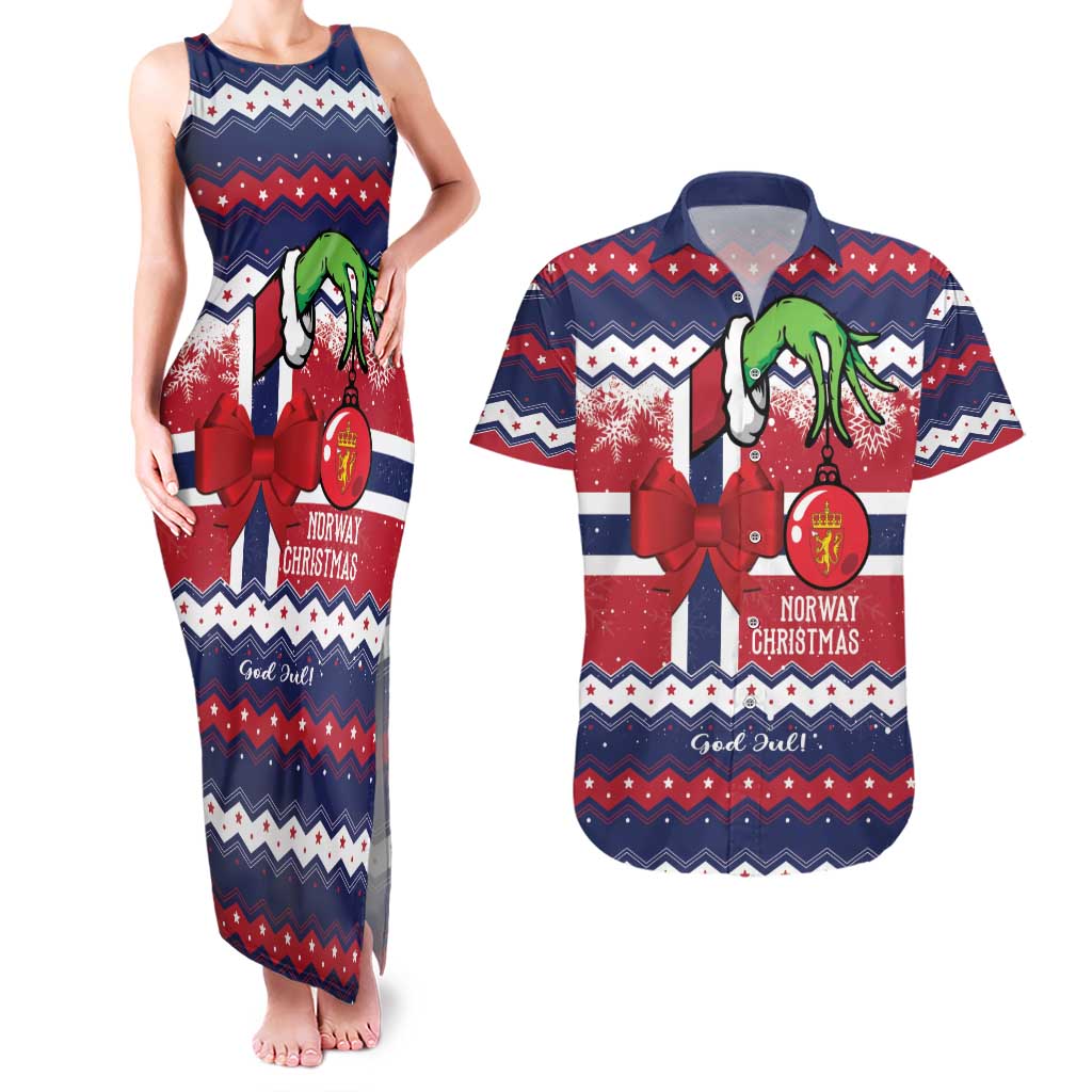 Norway Christmas Couples Matching Tank Maxi Dress and Hawaiian Shirt God Jul! Coquette Bow - Wonder Print Shop