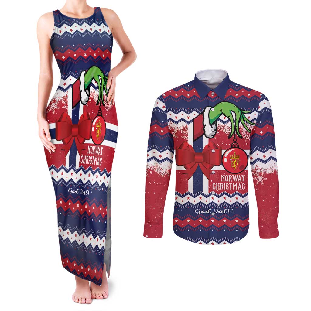 Norway Christmas Couples Matching Tank Maxi Dress and Long Sleeve Button Shirt God Jul! Coquette Bow - Wonder Print Shop