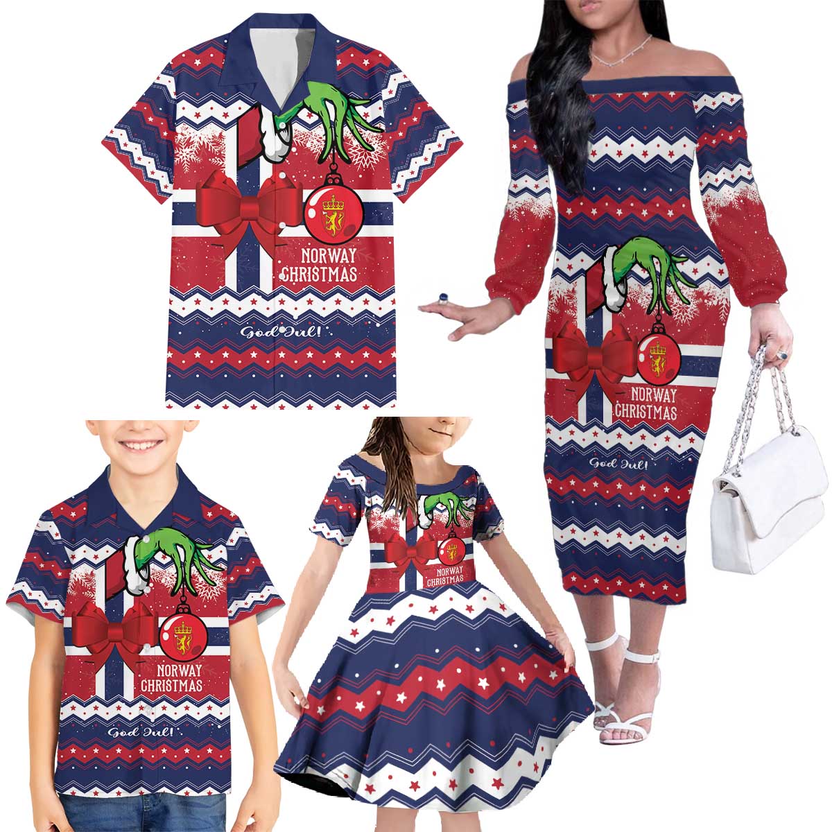 Norway Christmas Family Matching Off The Shoulder Long Sleeve Dress and Hawaiian Shirt God Jul! Coquette Bow - Wonder Print Shop