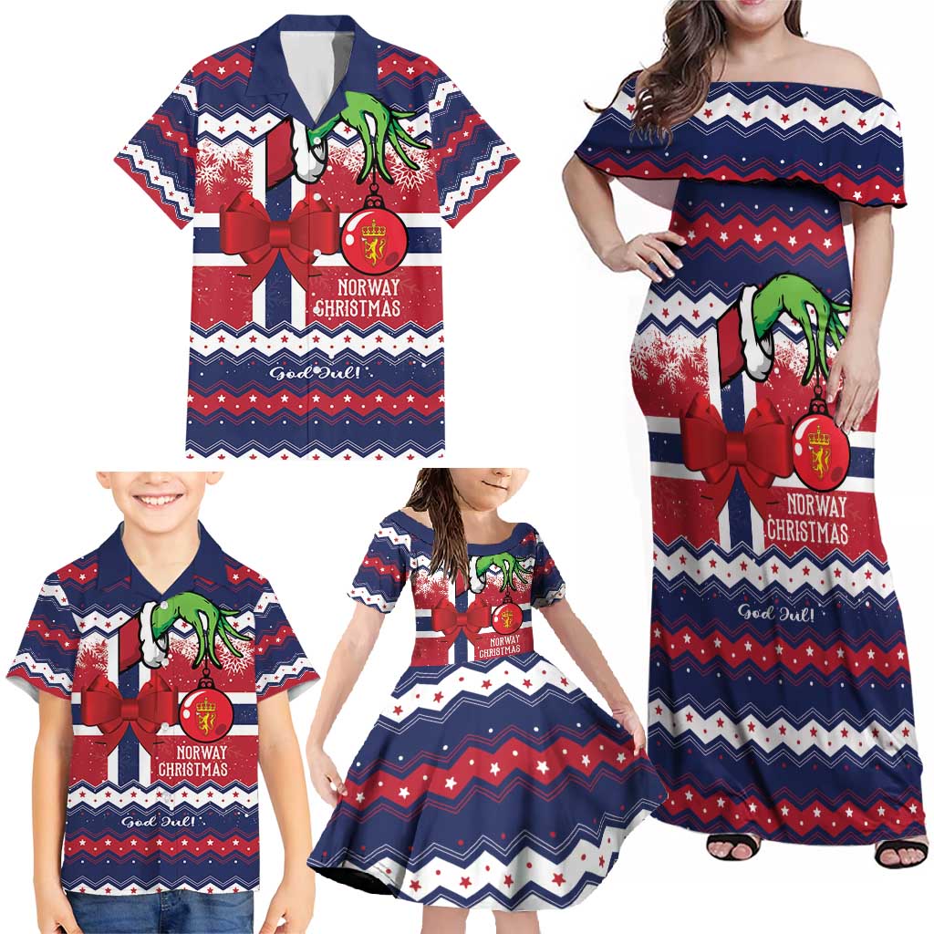 Norway Christmas Family Matching Off Shoulder Maxi Dress and Hawaiian Shirt God Jul! Coquette Bow - Wonder Print Shop