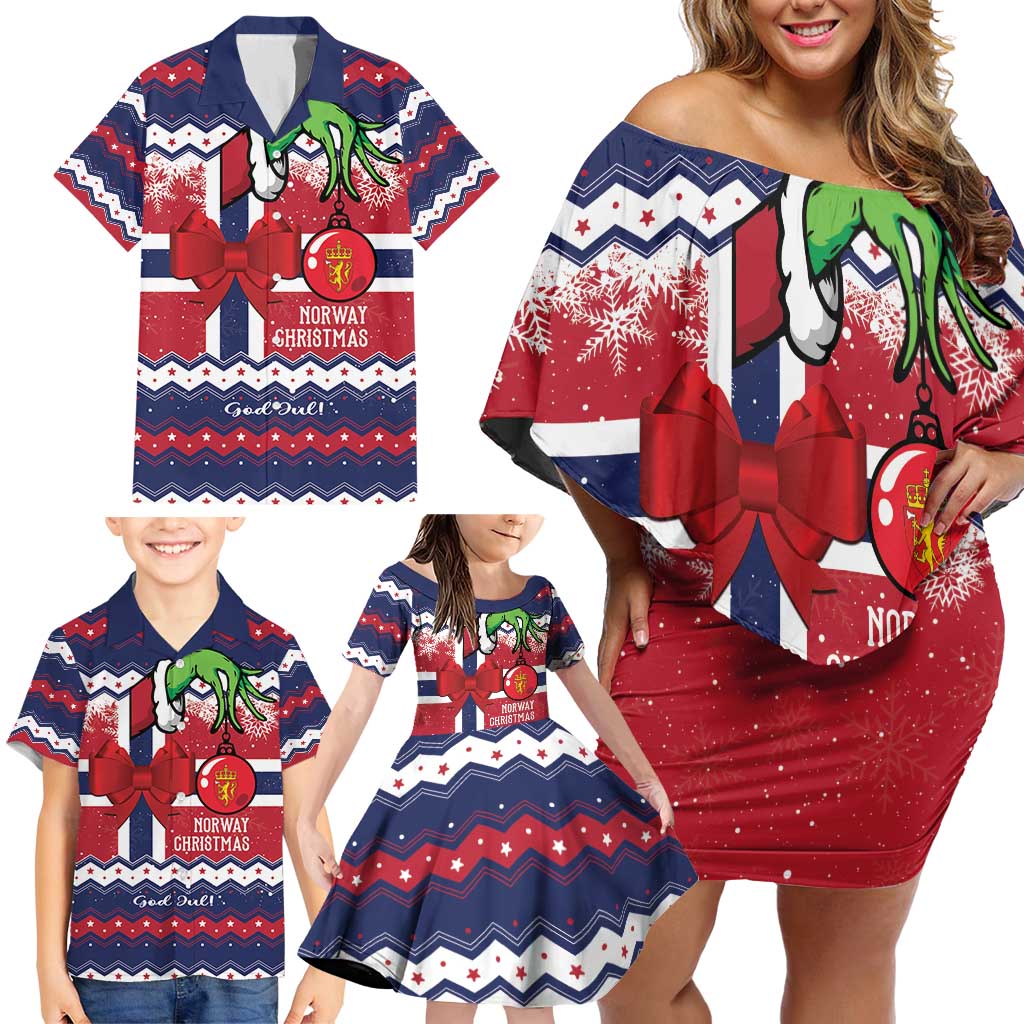 Norway Christmas Family Matching Off Shoulder Short Dress and Hawaiian Shirt God Jul! Coquette Bow - Wonder Print Shop