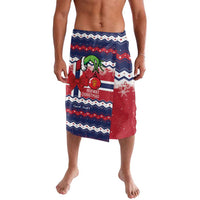 Festive holiday lavalava wrap with blue zigzag print, red front bow and deer graphic