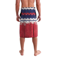 Festive holiday lavalava wrap with blue top stripe and red ombre hem, white pattern