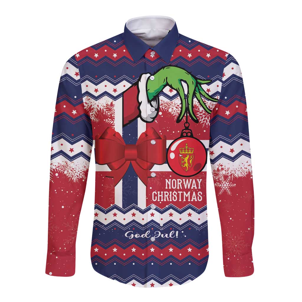 Blue long-sleeve button shirt with Norway Christmas graphic and red bow