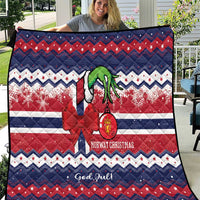Norway Christmas quilt with zigzag blue red white pattern and green reindeer graphic