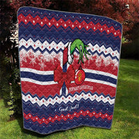Norway Christmas quilt square view with blue red white chevrons and green reindeer center