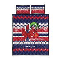 Norway Christmas quilt bed set, red and navy with reindeer and message, two pillows