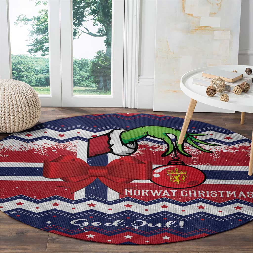 Round Christmas rug with blue zigzag stripes, red bow, green goat, and 'Norway Christmas'