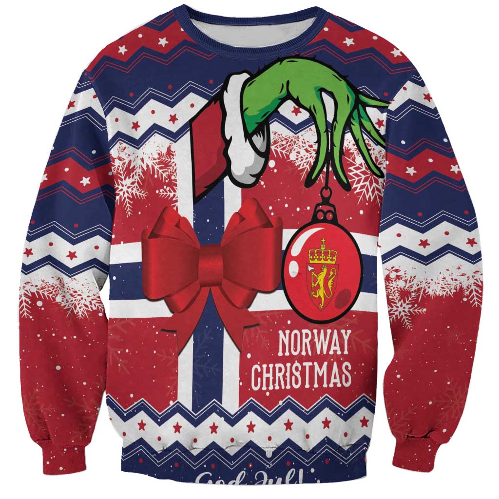 Unisex blue Christmas sweatshirt with Norway graphic, green-black boots, and red bow