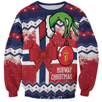 Unisex blue Christmas sweatshirt with Norway graphic, green-black boots, and red bow