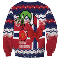 Unisex blue Christmas sweatshirt with Norway ornament, red bow, snowflake pattern