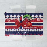 Navy, red and white Christmas tablecloth with Norway-themed text, stars, bows and snowflake pattern