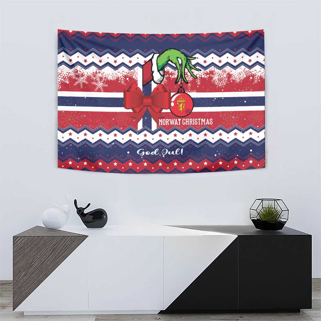 Blue Norway Christmas wall tapestry with red ribbon bow, green figure, and red-and-white stripe pattern