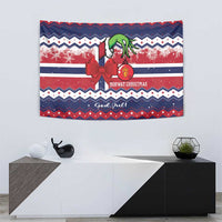 Blue Norway Christmas wall tapestry with red ribbon bow, green figure, and red-and-white stripe pattern