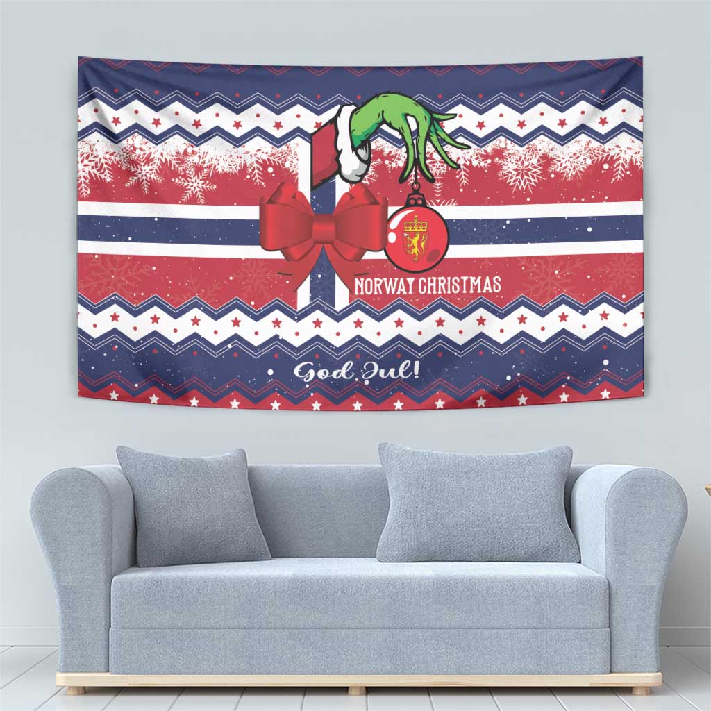 Blue Norway Christmas tapestry with red bow, green figure, and decorative 'God Jul' text