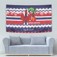 Blue Norway Christmas tapestry with red bow, green figure, and decorative 'God Jul' text