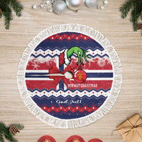 Fringed round Christmas tree skirt with Norway Christmas graphic and snowflake pattern