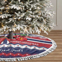 Round Norway Christmas tree skirt with fringed edge and red text design