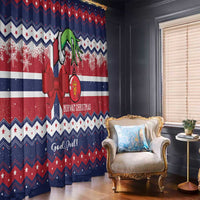 Norway Christmas window curtain with striped blue-red design, snowflake bands, and bow