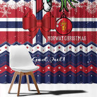 Close-up of Norway Christmas window curtain with large red bow, Norway ornament, and text
